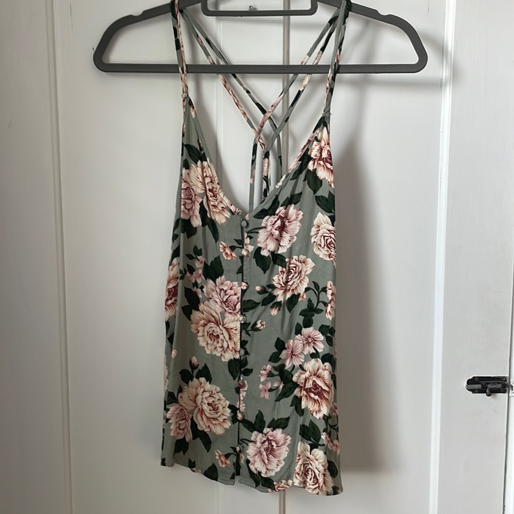 Cute strappy bank button front flowery tank top